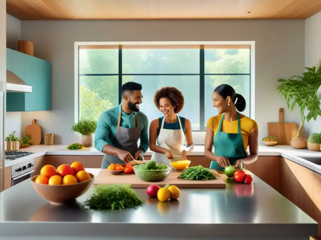 Un grupo diverso y feliz cocina en una cocina ecológica y moderna