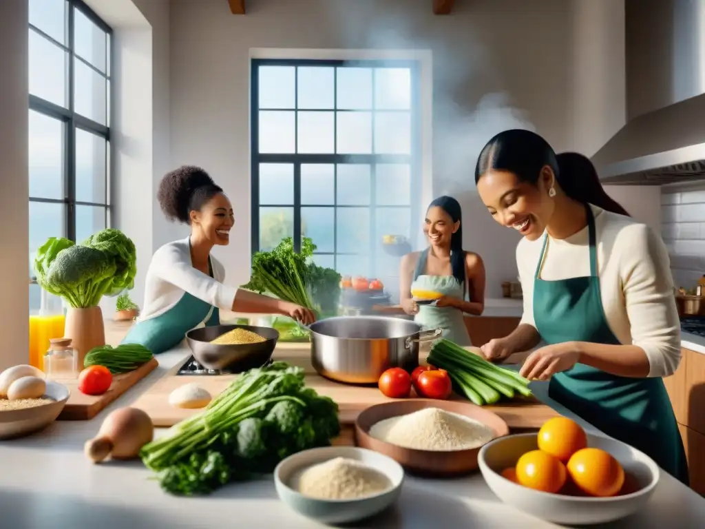 Cocina creativa y feliz: diversidad en la cocina sin gluten Un grupo diverso cocinando feliz en una cocina moderna, con ingredientes frescos y herramientas de cocina