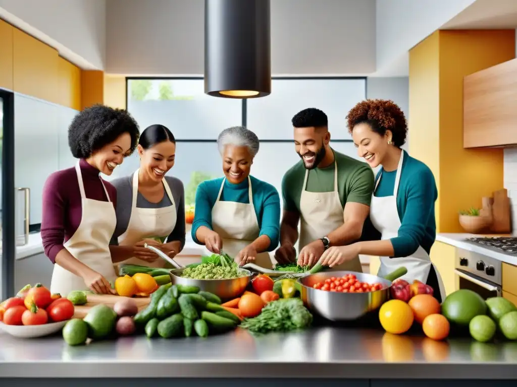 Un grupo diverso cocina feliz en una cocina moderna con ingredientes sin gluten