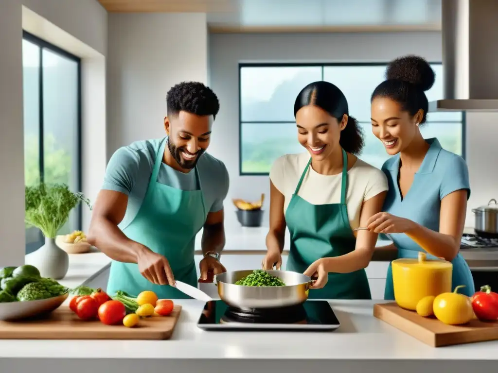 Un grupo diverso y feliz cocina en una moderna cocina sin gluten, siguiendo tutoriales en una app