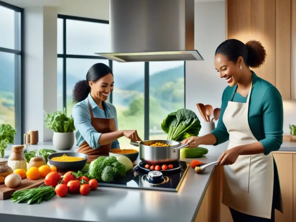 Grupo diverso cocina feliz en cocina moderna, preparando recetas sin gluten juntos