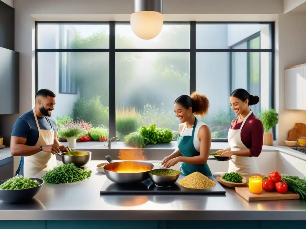 Un grupo diverso cocina feliz en una cocina moderna y luminosa con ingredientes sin gluten