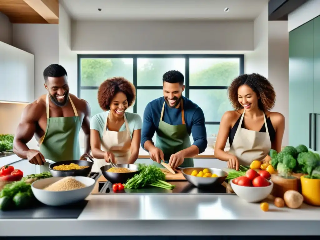 Un grupo diverso cocina feliz en una cocina moderna con ingredientes sin gluten, transmitiendo alegría y comunidad