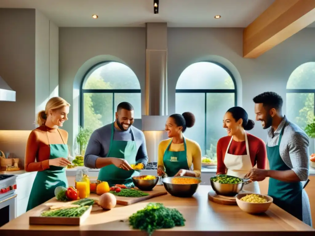 Un grupo diverso cocina feliz en una cocina moderna y espaciosa, con alimentos frescos y coloridos