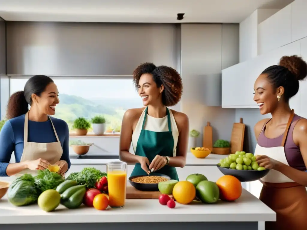 Un grupo diverso y feliz cocina juntos en una cocina moderna, con suplementos para celíacos sin gluten