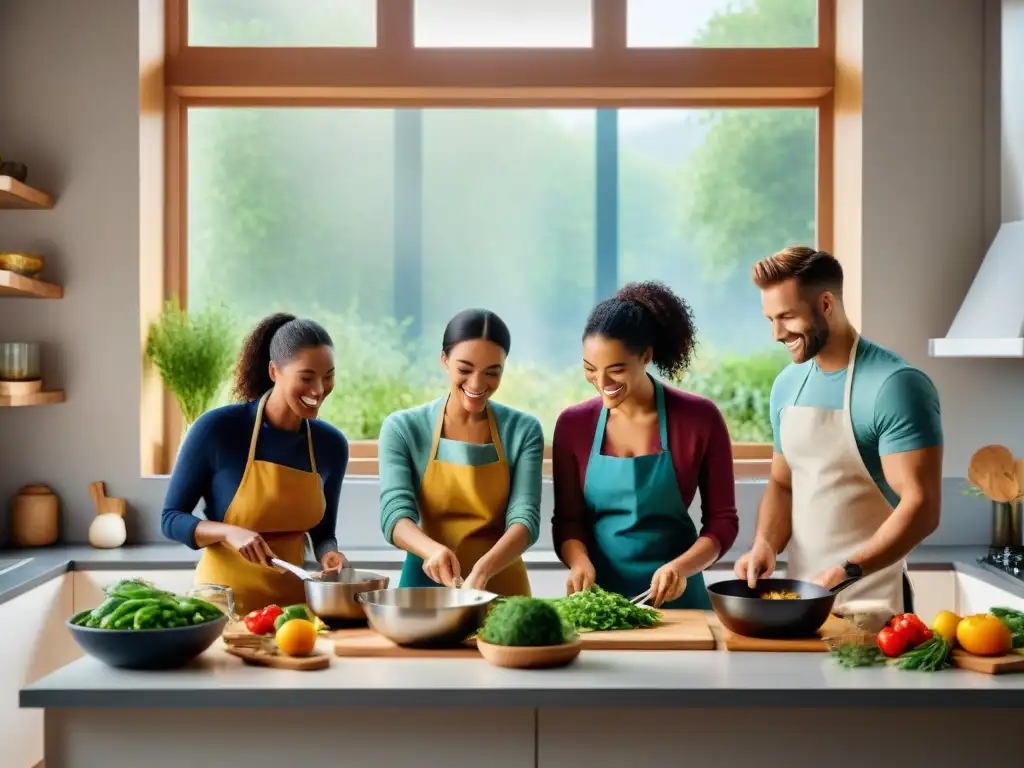 Un grupo diverso y feliz cocina y comparte una deliciosa comida sin gluten en una cocina bellamente decorada