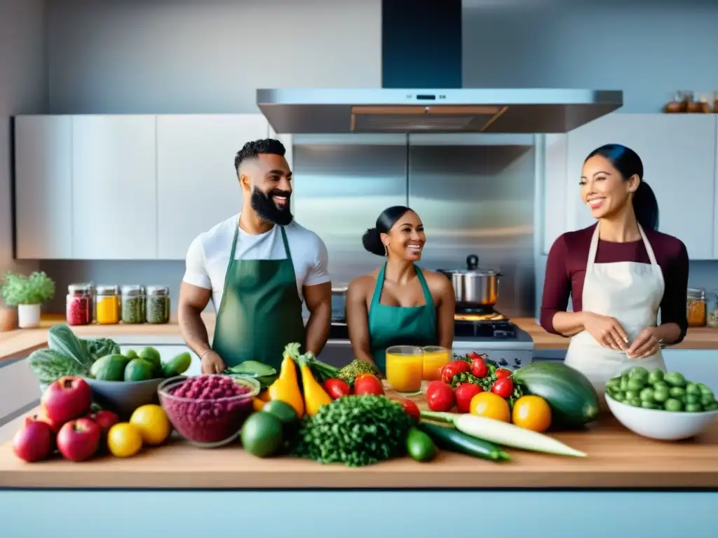 Un grupo diverso y feliz preparando comida vegana sin gluten en una cocina luminosa con suplementos