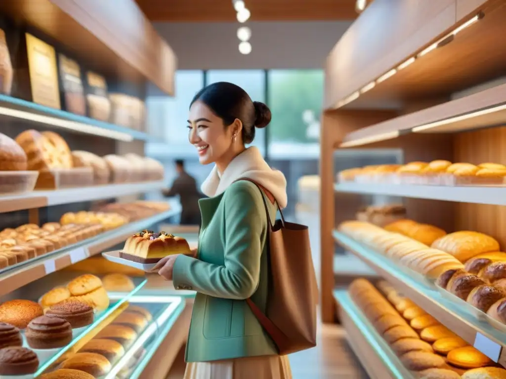 Un grupo diverso y feliz de compradores en una tienda online de panadería sin gluten, con productos deliciosos y ambiente acogedor