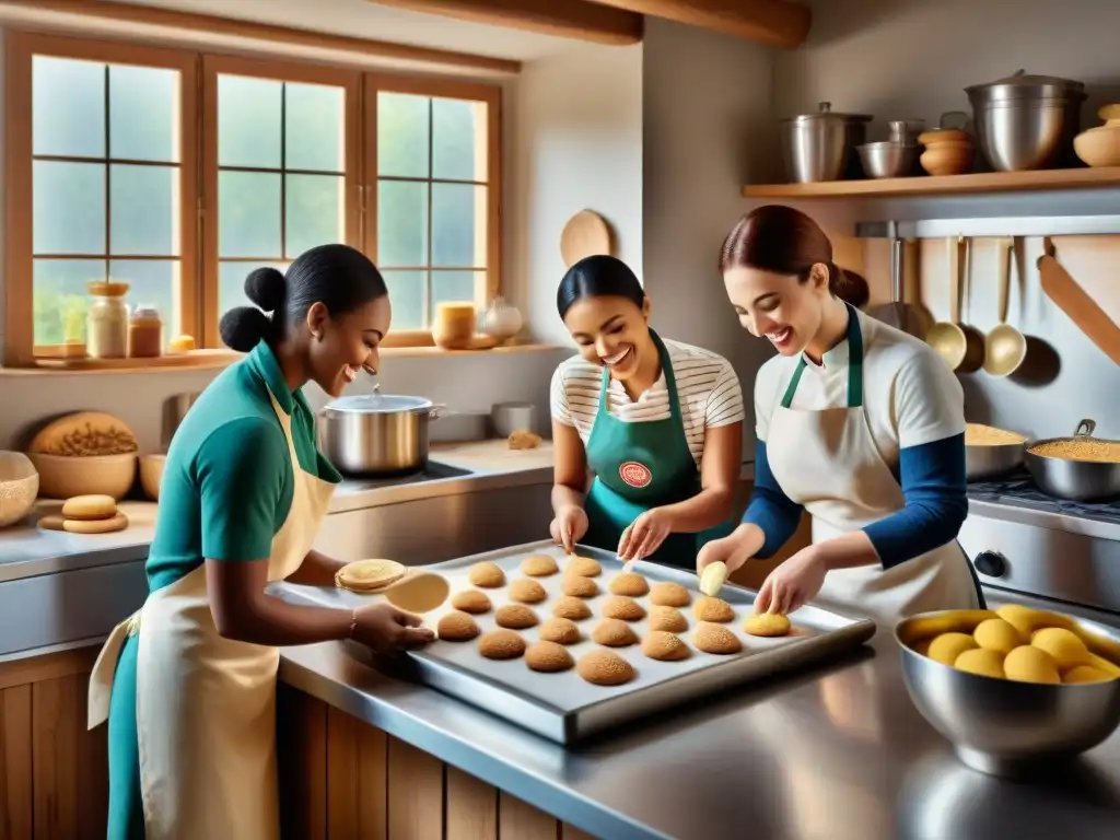 Un grupo diverso y feliz hornea galletas sin gluten juntos en una cocina rústica llena de ingredientes coloridos y utensilios vintage