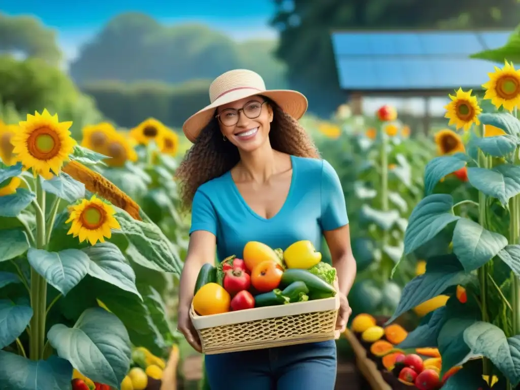 Un grupo diverso sonríe feliz cosechando en un huerto sin gluten, con cestas rebosantes de frutas y verduras