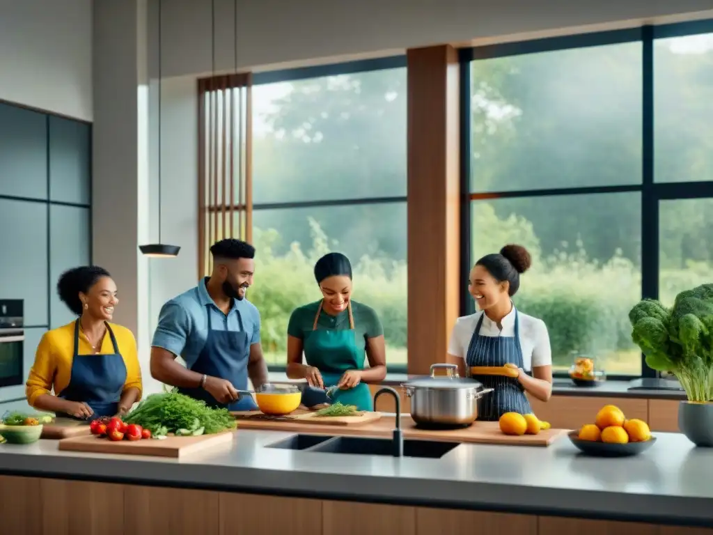 Un grupo diverso y feliz cocinando juntos en una cocina moderna y bien equipada, preparando deliciosas comidas sin gluten