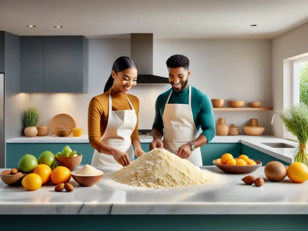 Un grupo diverso y feliz horneando juntos en una cocina moderna con harinas sin gluten para hornear