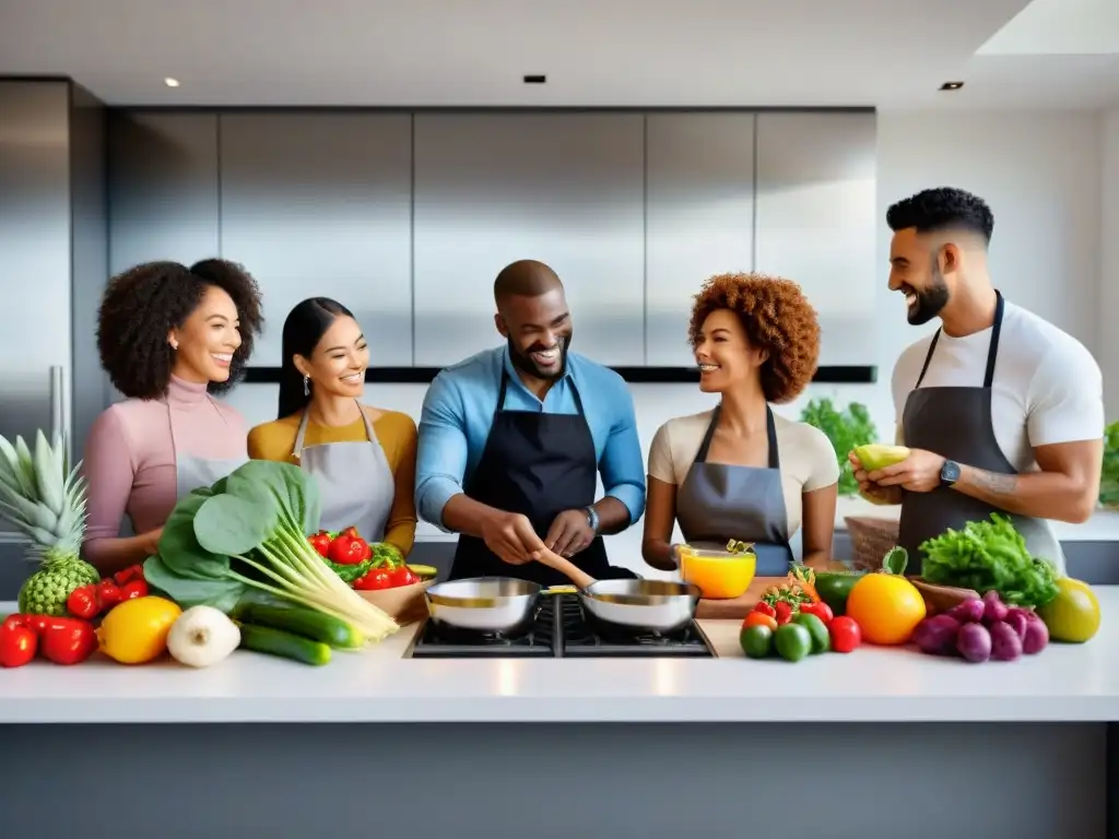 Un grupo diverso cocina feliz en una moderna cocina sin gluten, creando recetas innovadoras juntos