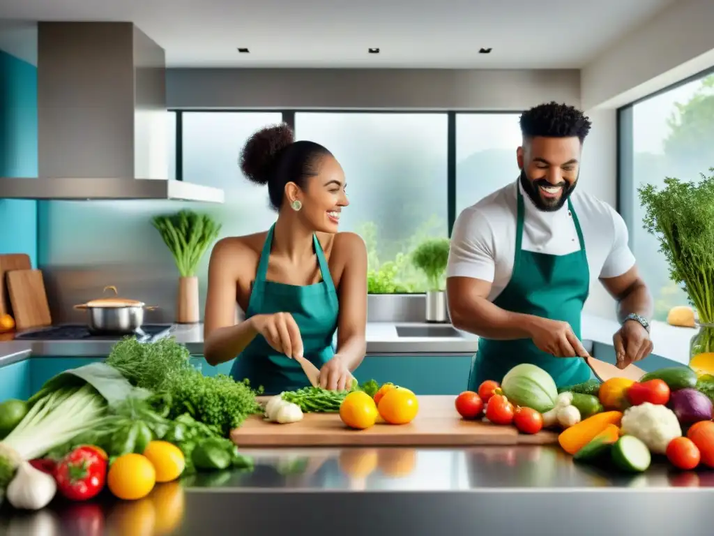 Un grupo diverso cocina feliz en una moderna cocina llena de ingredientes frescos y coloridos