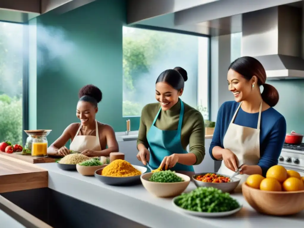 Un grupo diverso cocina feliz en una moderna cocina, preparando juntos recetas innovadoras sin gluten