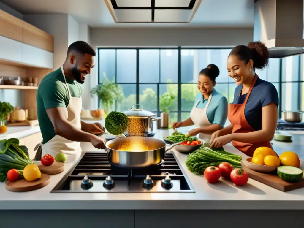 Un grupo diverso cocina feliz en una moderna cocina, llena de ingredientes sin gluten