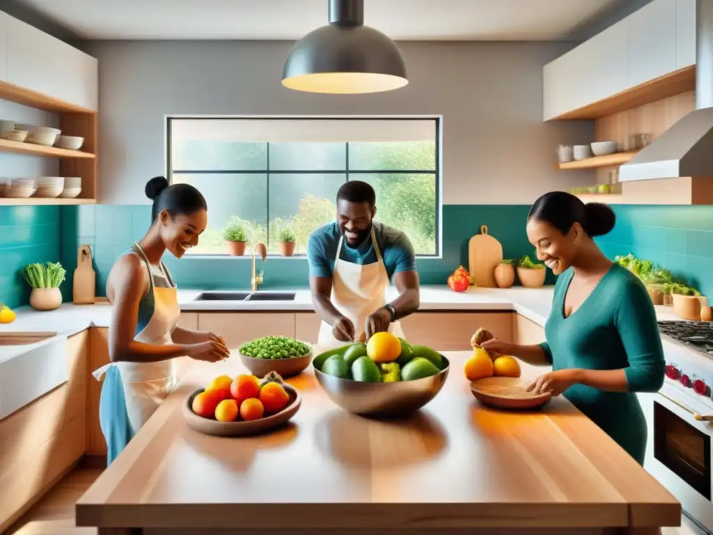 Un grupo diverso cocina feliz en una moderna cocina