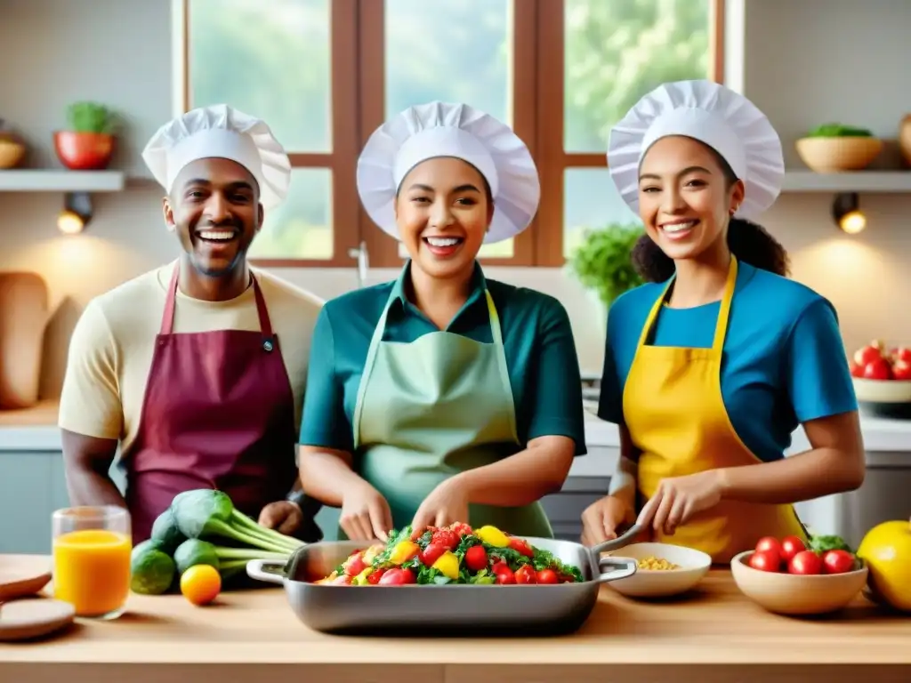 Un grupo diverso y feliz de niños preparando recetas sin gluten para niños con entusiasmo en la cocina