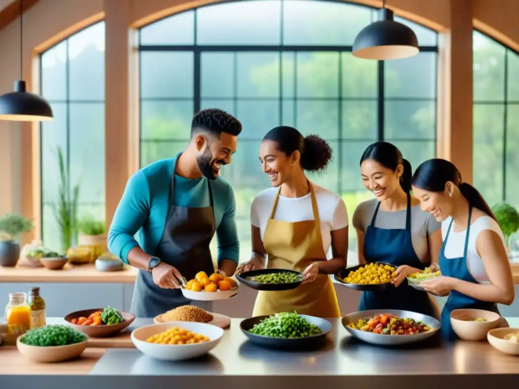 Un grupo diverso feliz preparando platos sin gluten en una cocina luminosa, creando comunidad en aplicaciones para celíacos sin gluten