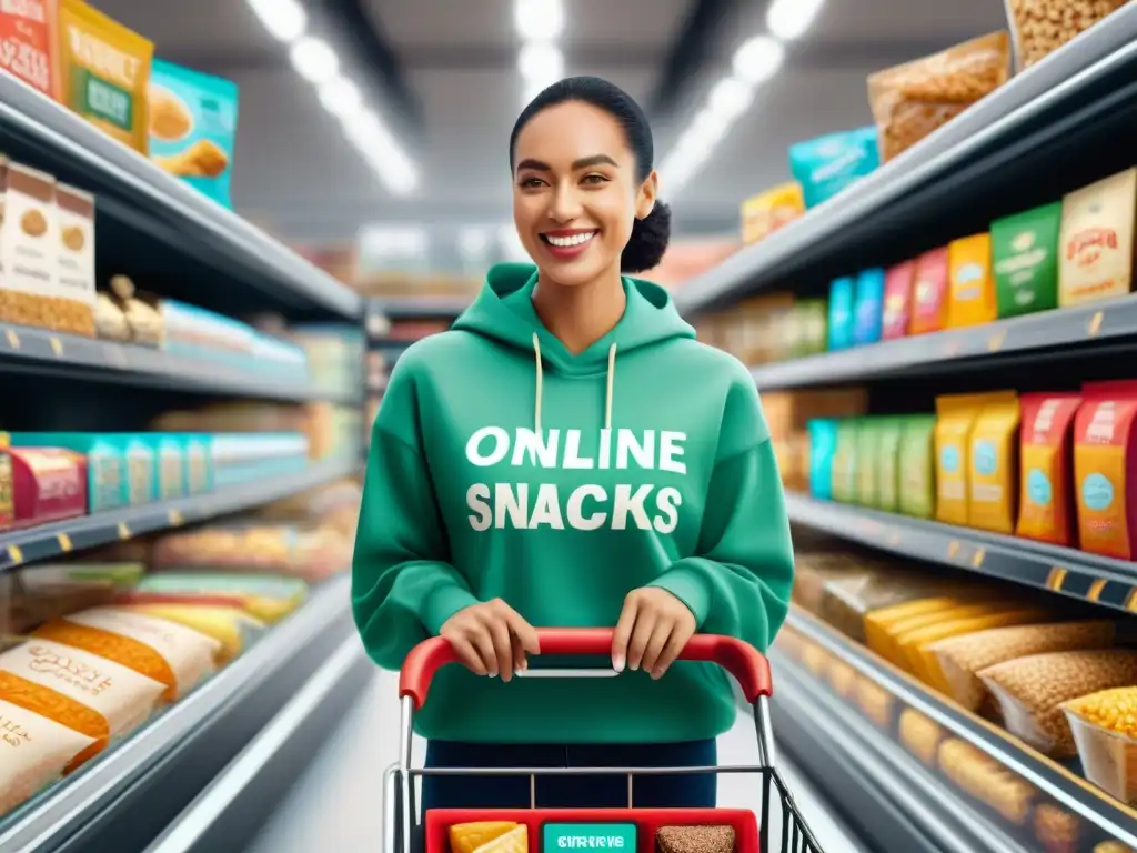 Grupo diverso feliz comprando snacks sin gluten en tienda online