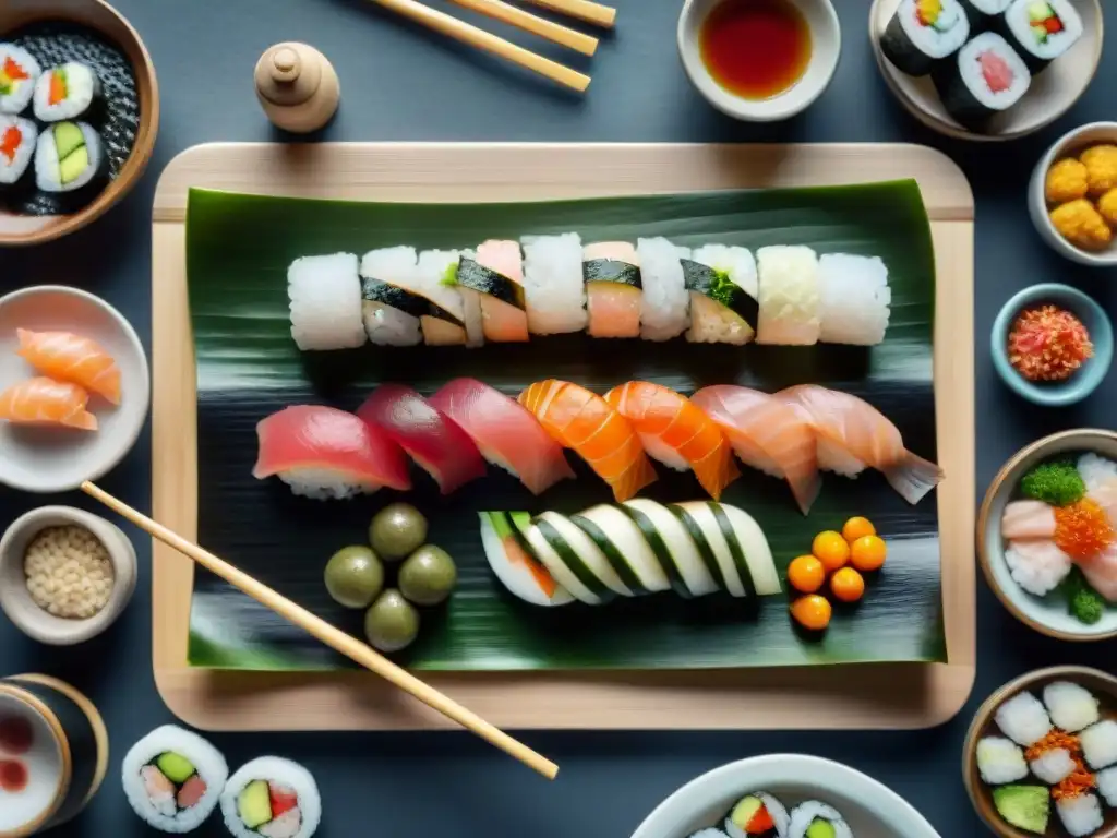 Un grupo diverso y feliz preparando sushi sin gluten en una mesa larga