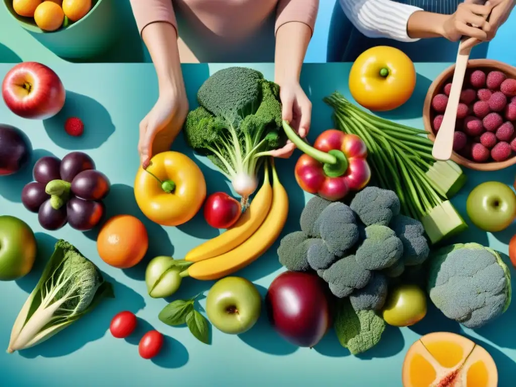 Un grupo diverso disfruta de frutas y verduras frescas en un jardín soleado