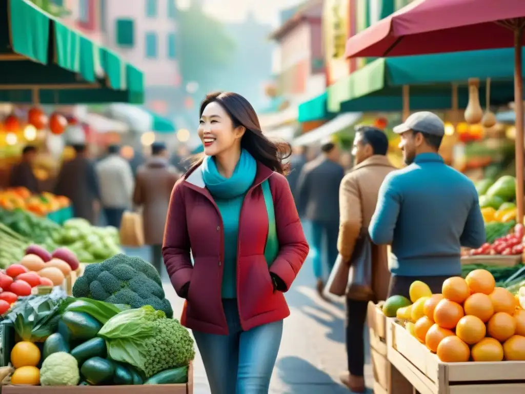 Grupo diverso disfruta comprar frutas y verduras frescas en mercado al aire libre, mostrando beneficios vitaminas en dieta sin gluten