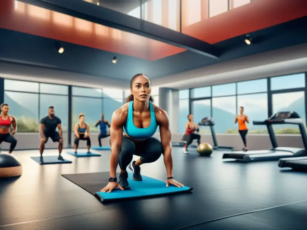 Un grupo diverso se ejercita con determinación en un gimnasio moderno y motivador