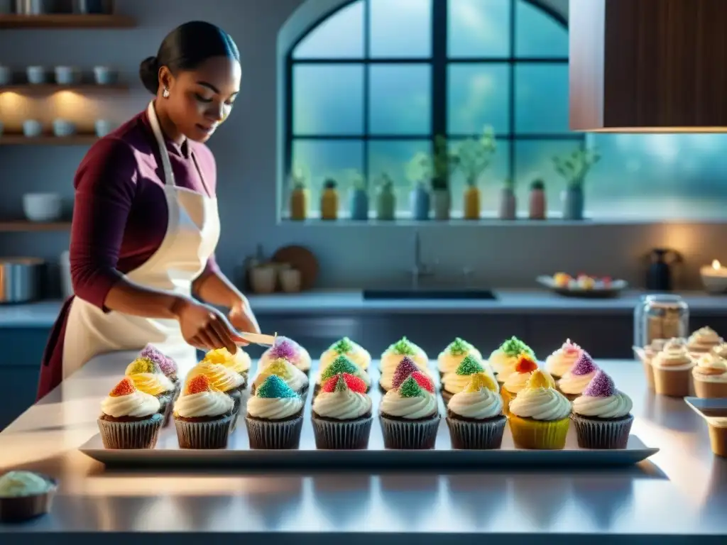 Un grupo diverso decora cupcakes sin gluten en una cocina moderna y luminosa