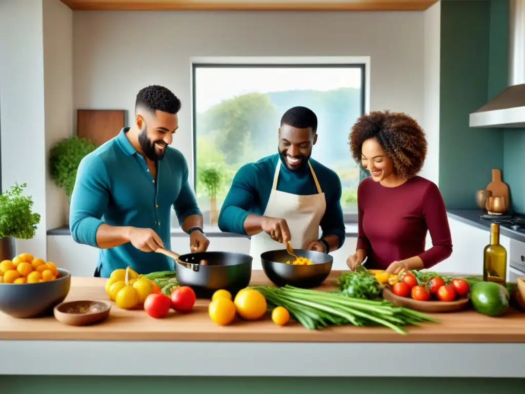 Un grupo diverso disfruta cocinando sin gluten en una cocina acogedora