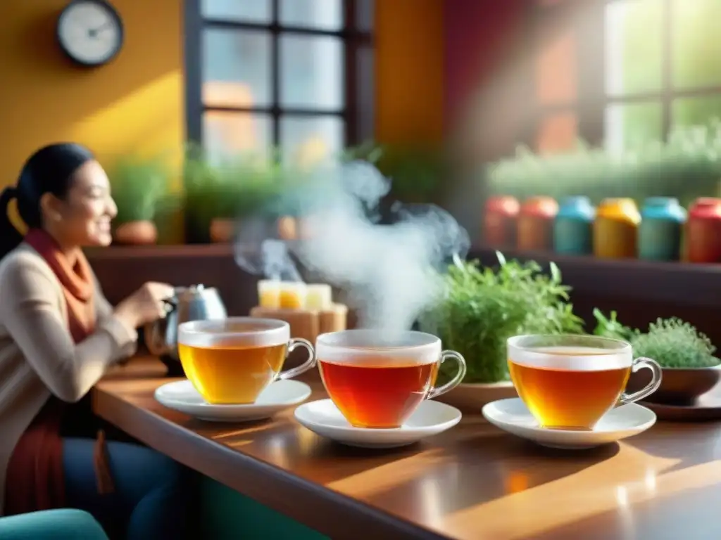 Un grupo diverso disfruta de Tés e infusiones sin gluten en un acogedor café iluminado por el sol, creando una atmósfera cálida y relajante