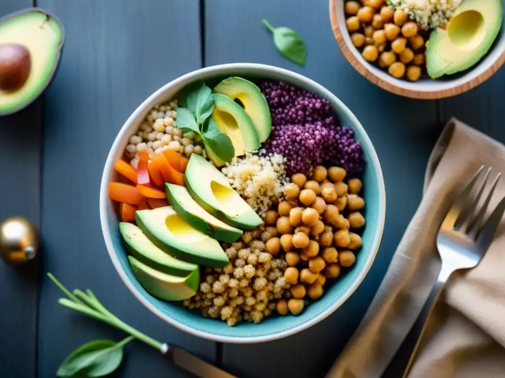 Un grupo diverso disfruta de un innovador bowl de proteínas sin gluten, con quinoa, aguacate y pollo a la parrilla en una mesa de madera