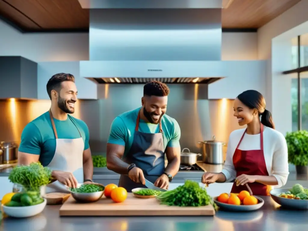 Cocina glutenfree: Comunidad y sostenibilidad en acción Un grupo diverso comparte una alimentación sin gluten innovadora en una cocina moderna y luminosa, transmitiendo alegría y comunidad