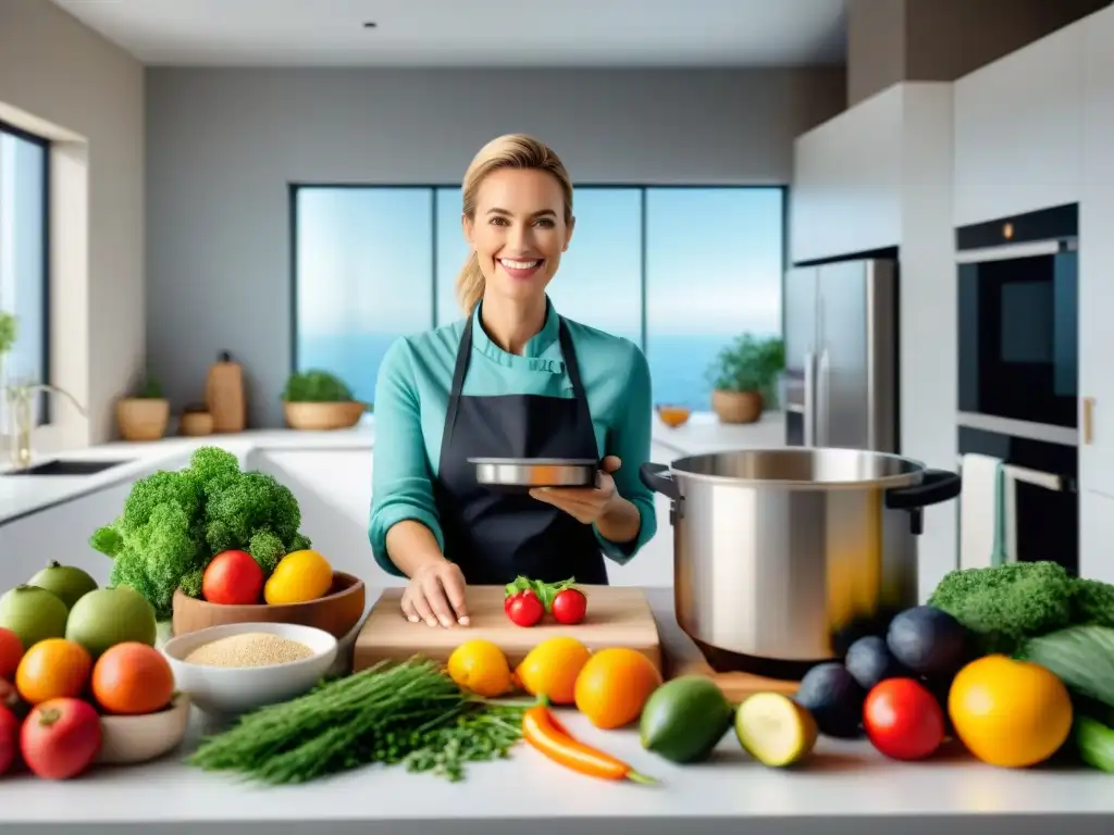 Un grupo diverso sonríe alrededor de una isla de cocina con ingredientes sin gluten