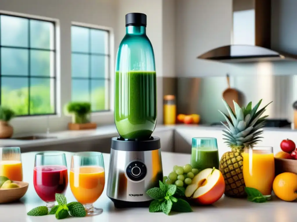 Un grupo diverso disfruta preparando jugos y batidos sin gluten con frutas frescas, en una cocina llena de luz natural