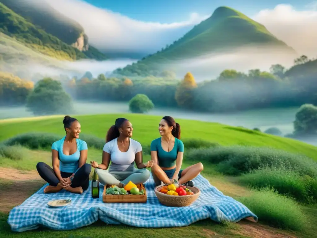 Un grupo diverso sonríe mientras disfrutan juntos de actividades al aire libre en un picnic sin gluten