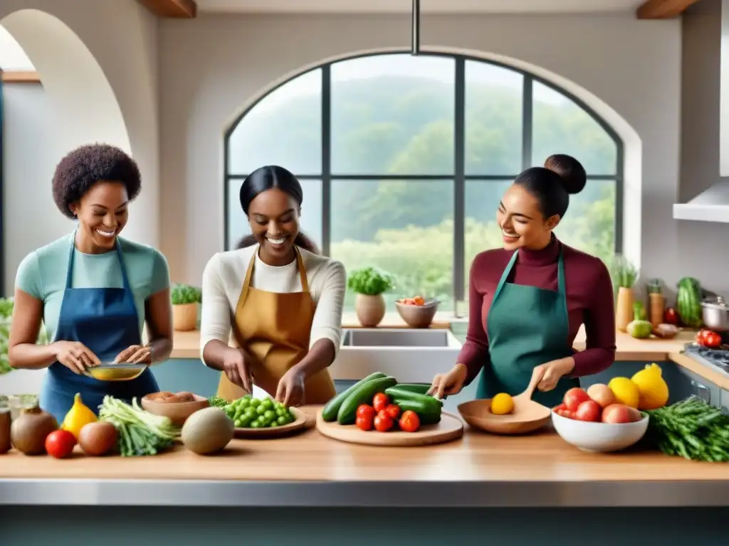 Un grupo diverso sonríe al cocinar juntos en una amplia cocina moderna llena de ingredientes sin gluten