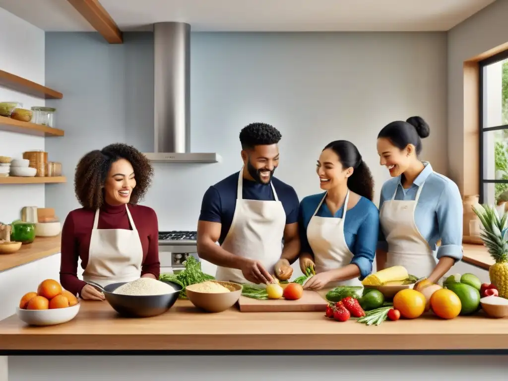 Grupo diverso cocinando juntos en cocina moderna con harinas sin gluten para cocinar