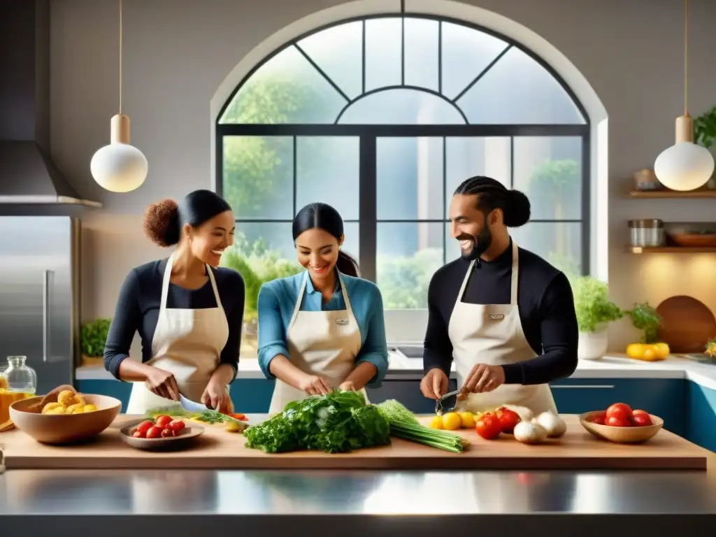 Un grupo diverso cocina juntos en una cocina moderna y bien equipada, llena de ingredientes frescos