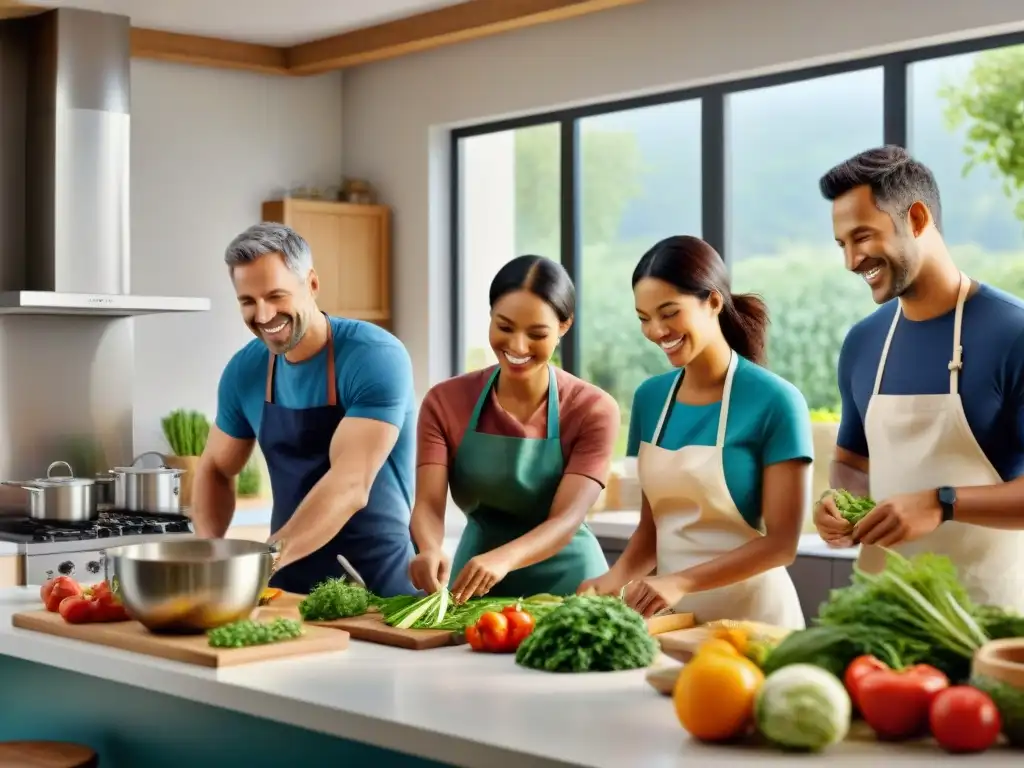 Un grupo diverso cocina juntos en una cocina luminosa, preparando alimentos coloridos y bajos en FODMAP y gluten