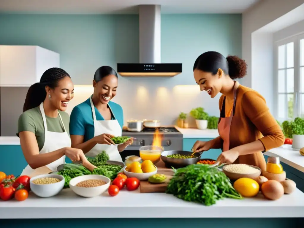 Un grupo diverso disfruta cocinando alegremente juntos en una cocina moderna y luminosa, creando platos sin gluten para intestino