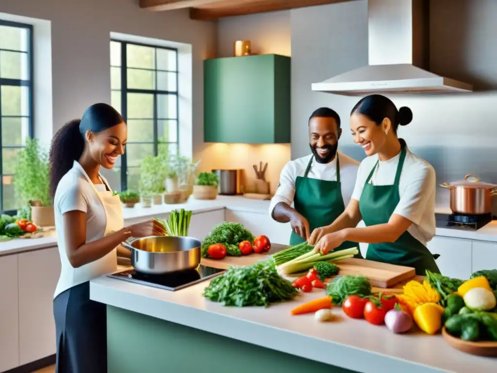 Un grupo diverso cocina y sonríe juntos en una cocina moderna y luminosa, con ingredientes frescos y saludables