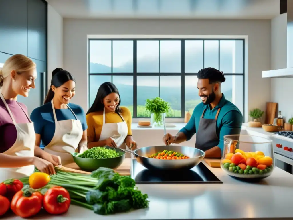 Cocina colaborativa: Diversidad y alegría en la cocina glutenfree Un grupo diverso disfruta cocinando juntos en una cocina moderna, llena de ingredientes sin gluten