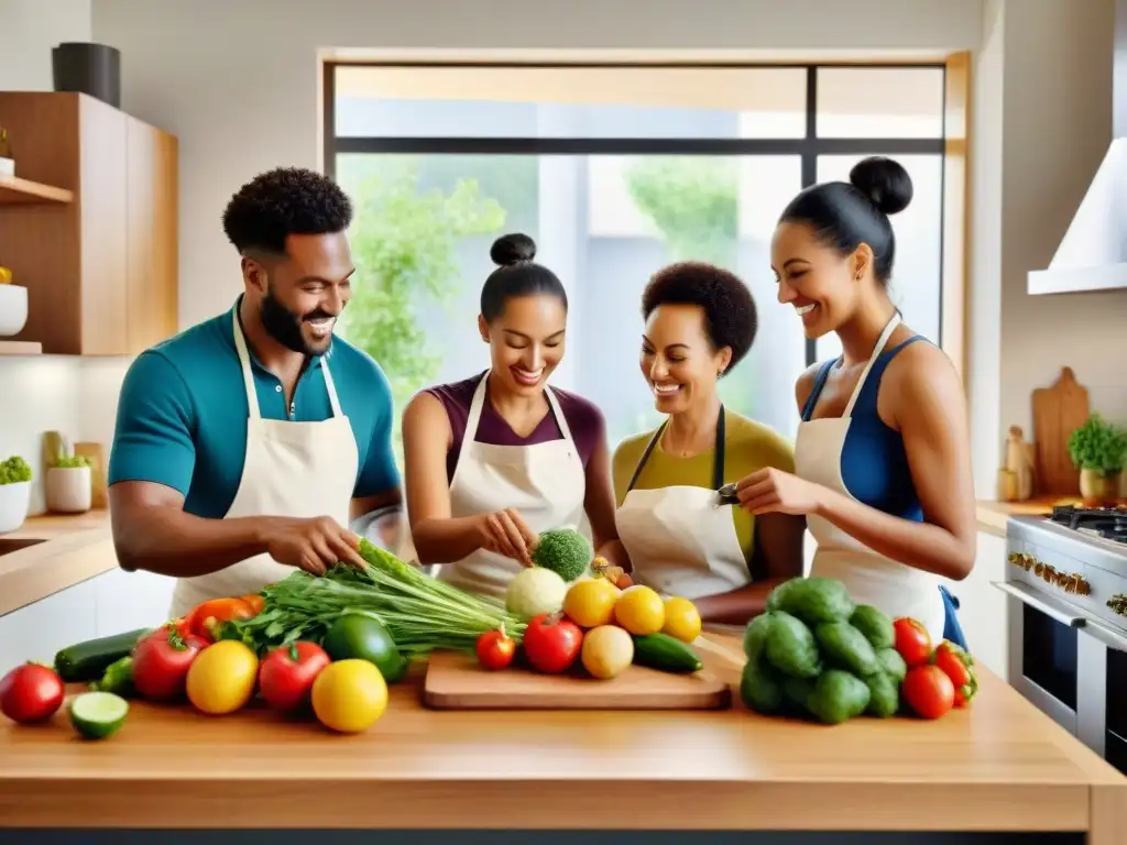 Un grupo diverso disfruta cocinando juntos en una cocina moderna y soleada, creando una dieta sin gluten equilibrada segura