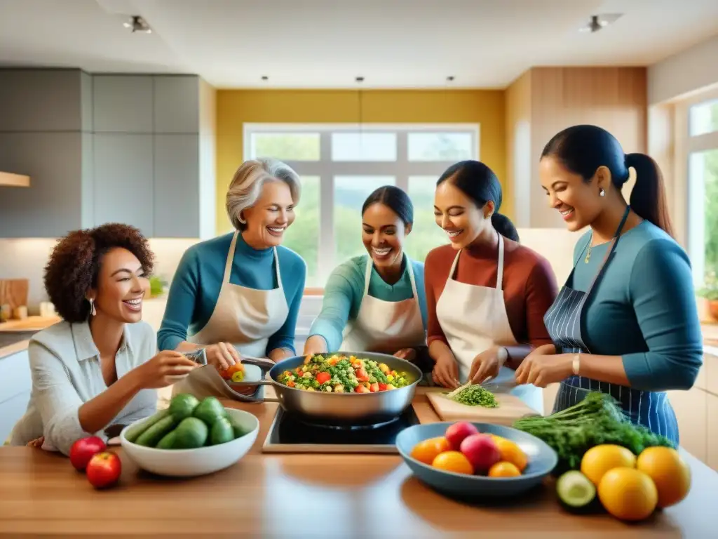 Grupo diverso disfruta cocinando juntos sin gluten en cocina acogedora