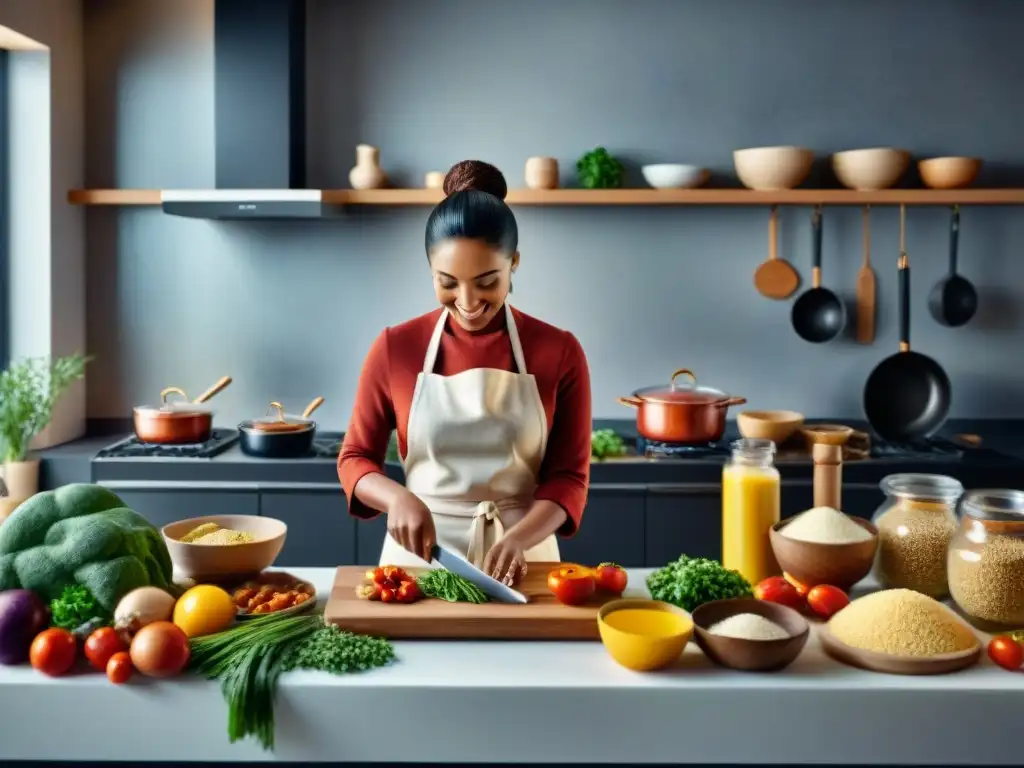 Un grupo diverso preparando juntos en una cocina moderna y espaciosa, llena de ingredientes sin gluten