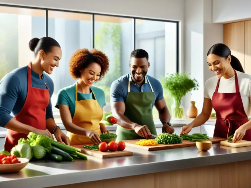 Un grupo diverso prepara juntos una comida sin gluten en una cocina moderna y luminosa, evitando errores comunes en nutrición sin gluten