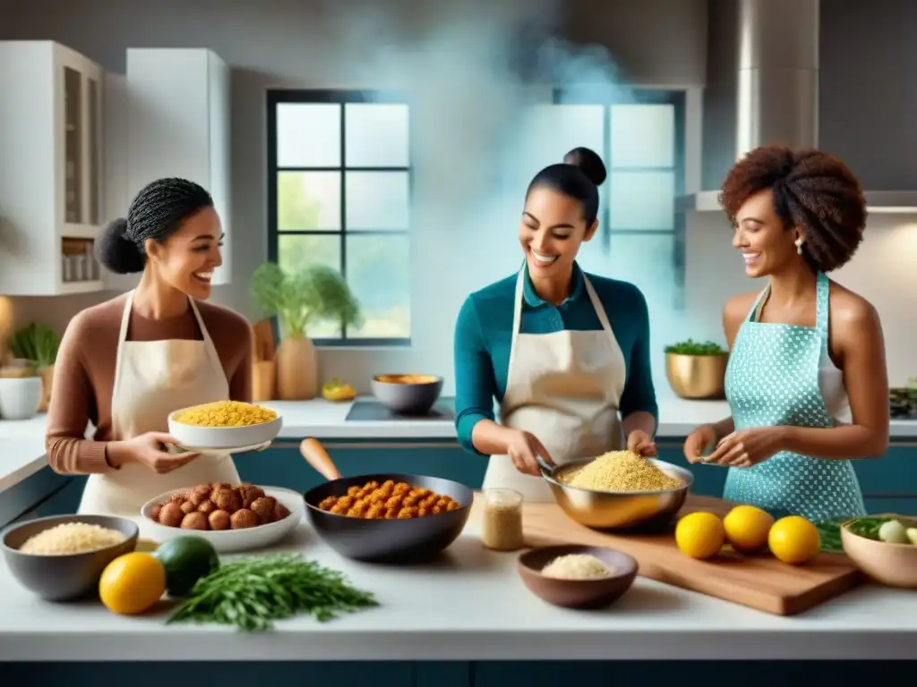 Grupo diverso disfrutando juntos de una comida sin gluten en cocina organizada