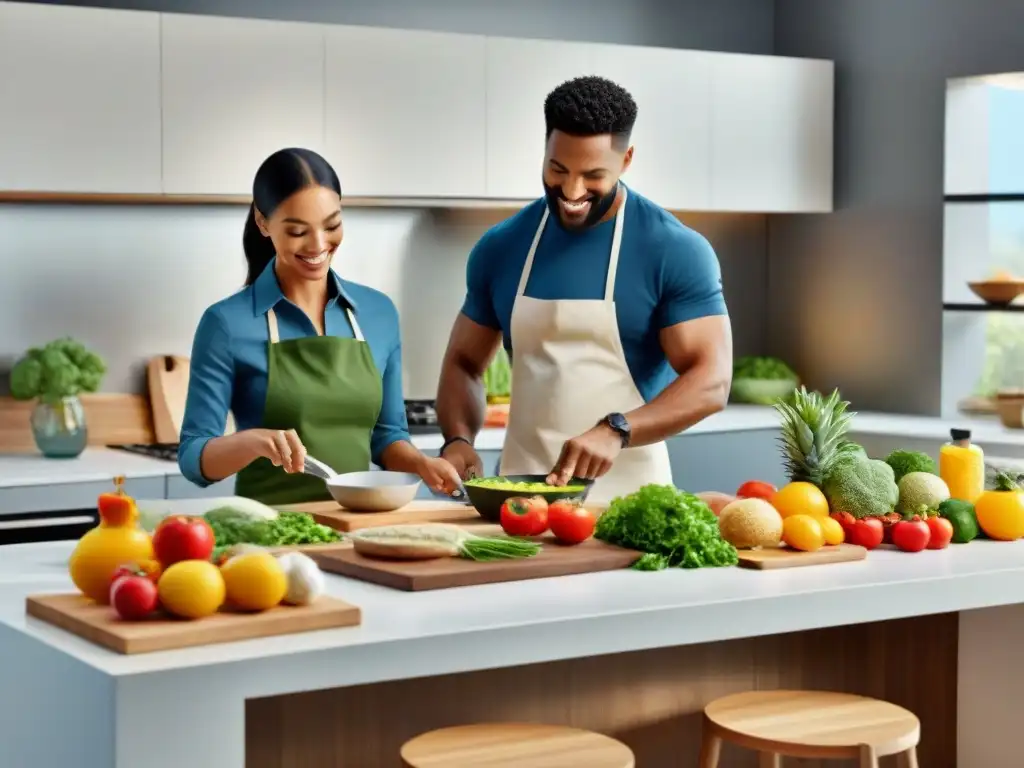 Un grupo diverso cocina juntos en una isla de cocina moderna, preparando comidas sin gluten con alegría