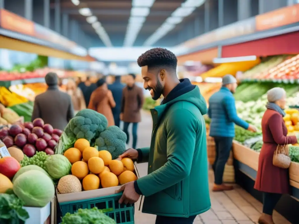 Grupo diverso disfruta comprando juntos en un mercado vibrante, colorido y lleno de alimentos sin gluten